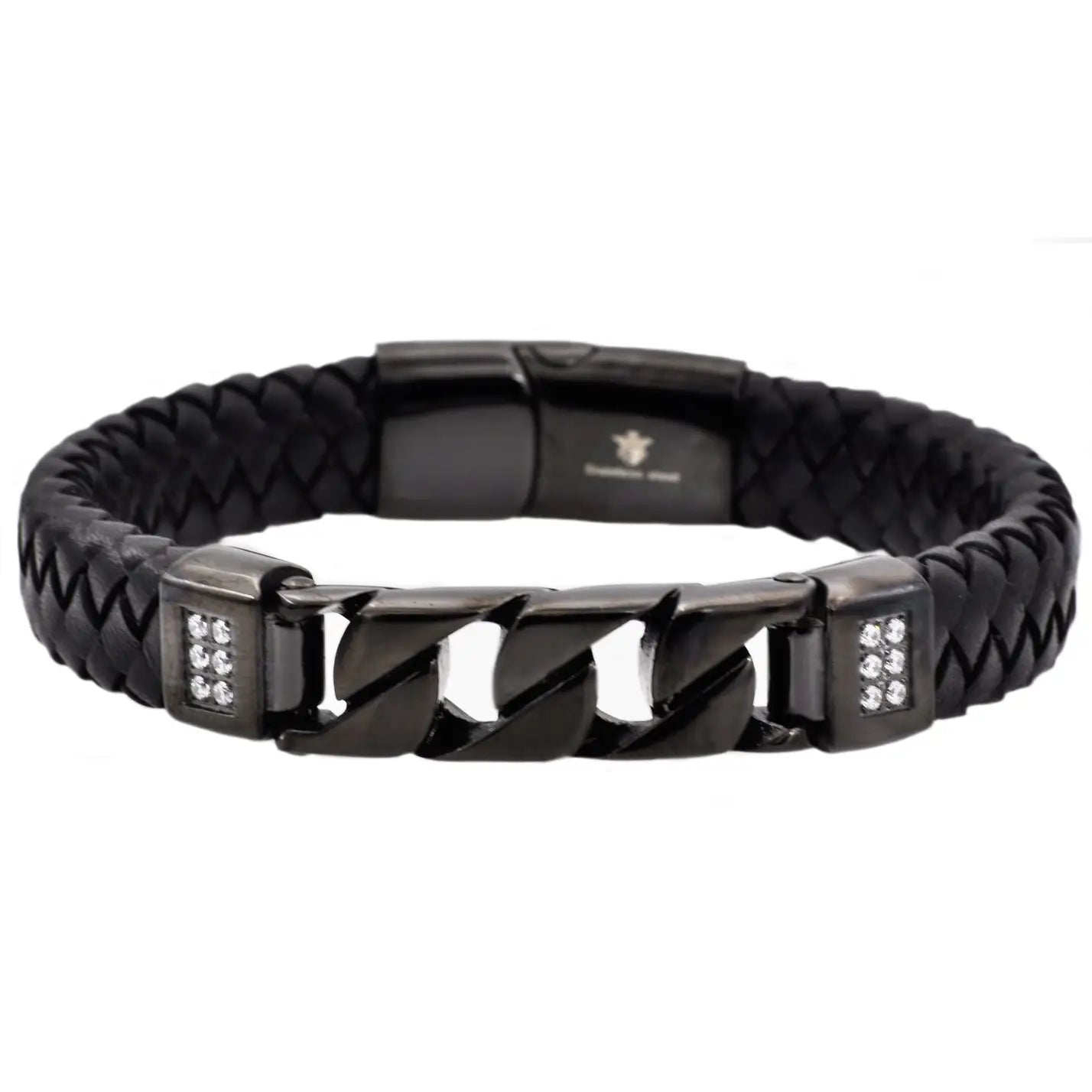 Men's Black Braided Leather Curb Link Combo Stainless Steel Bracelet
