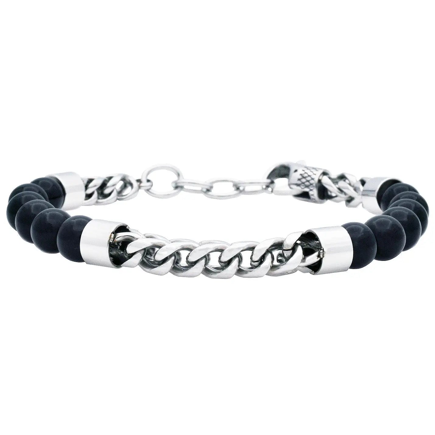 Men's Genuine Onyx Stainless Steel Beaded Bracelet