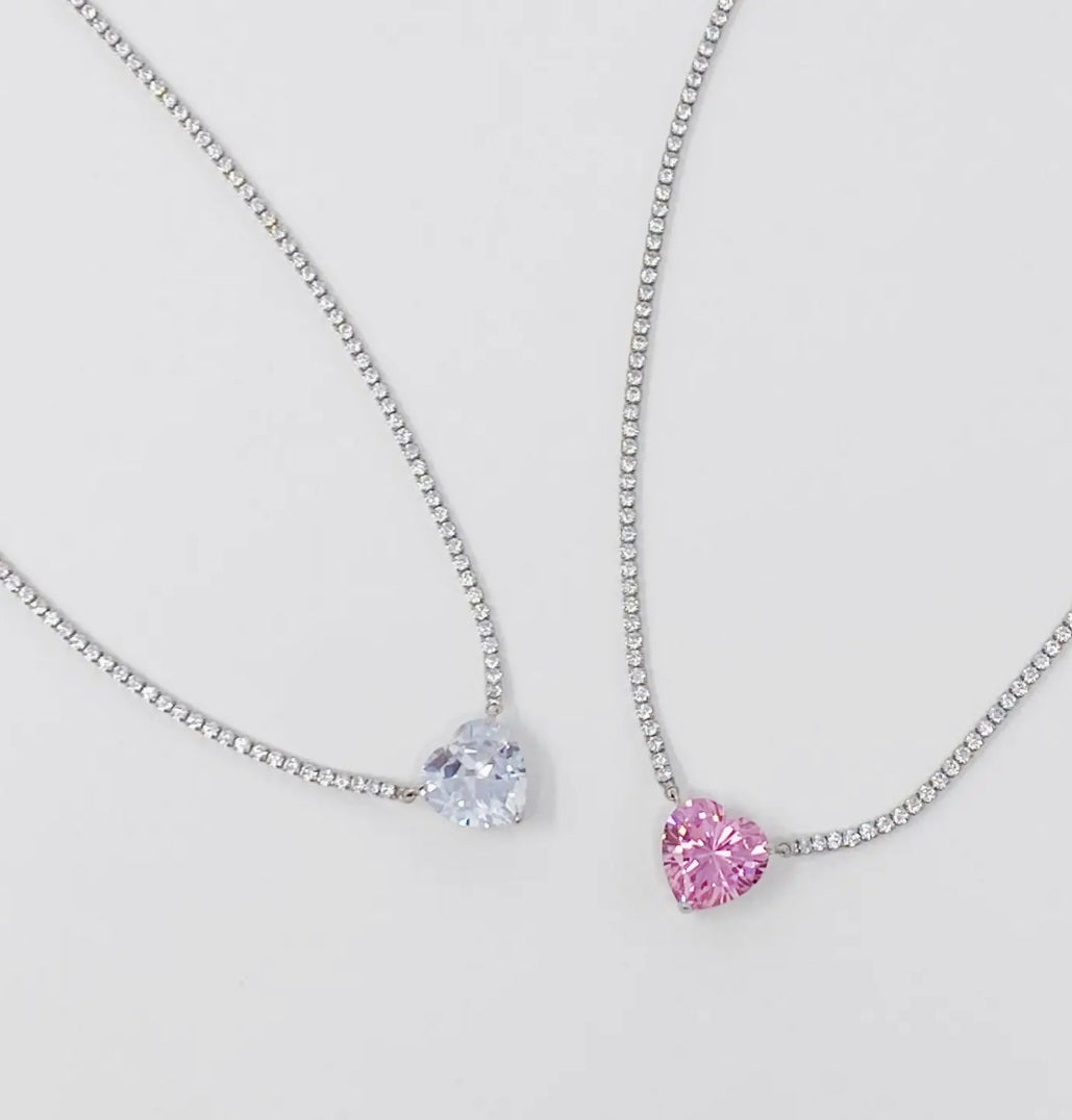 925 Sterling Silver Pink Heart Tennis Necklace