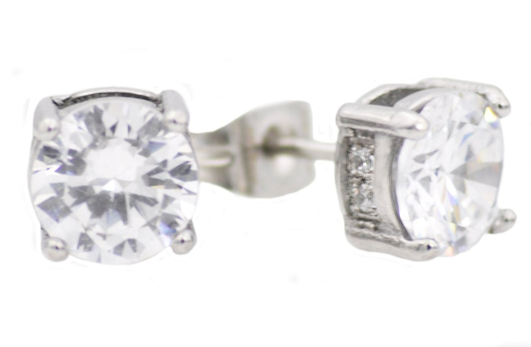 Men's 8mm Silver Stainless Steel Stud Earrings With Cubic Zirconia