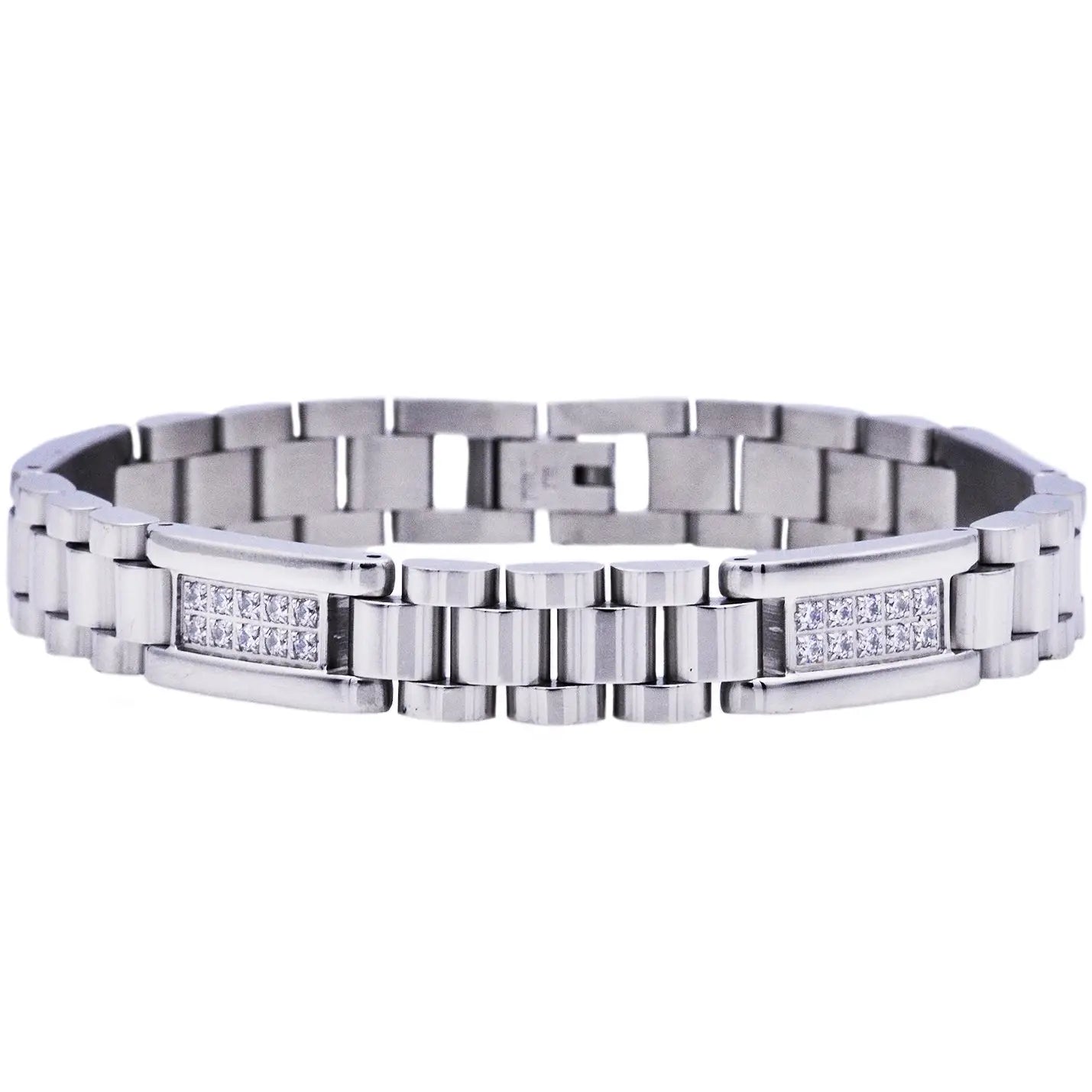 Men's Polished Stainless Steel Link Bracelet with Cubic Zirconia