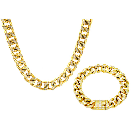 Men's Iced 18K gold stainless steel cuban link bracelet & necklace chain set with cubic zirconia