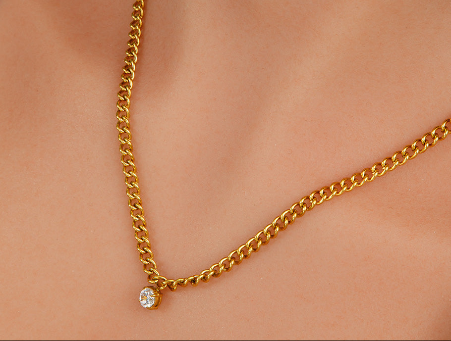 Gold Curb Chain Solitaire Necklace