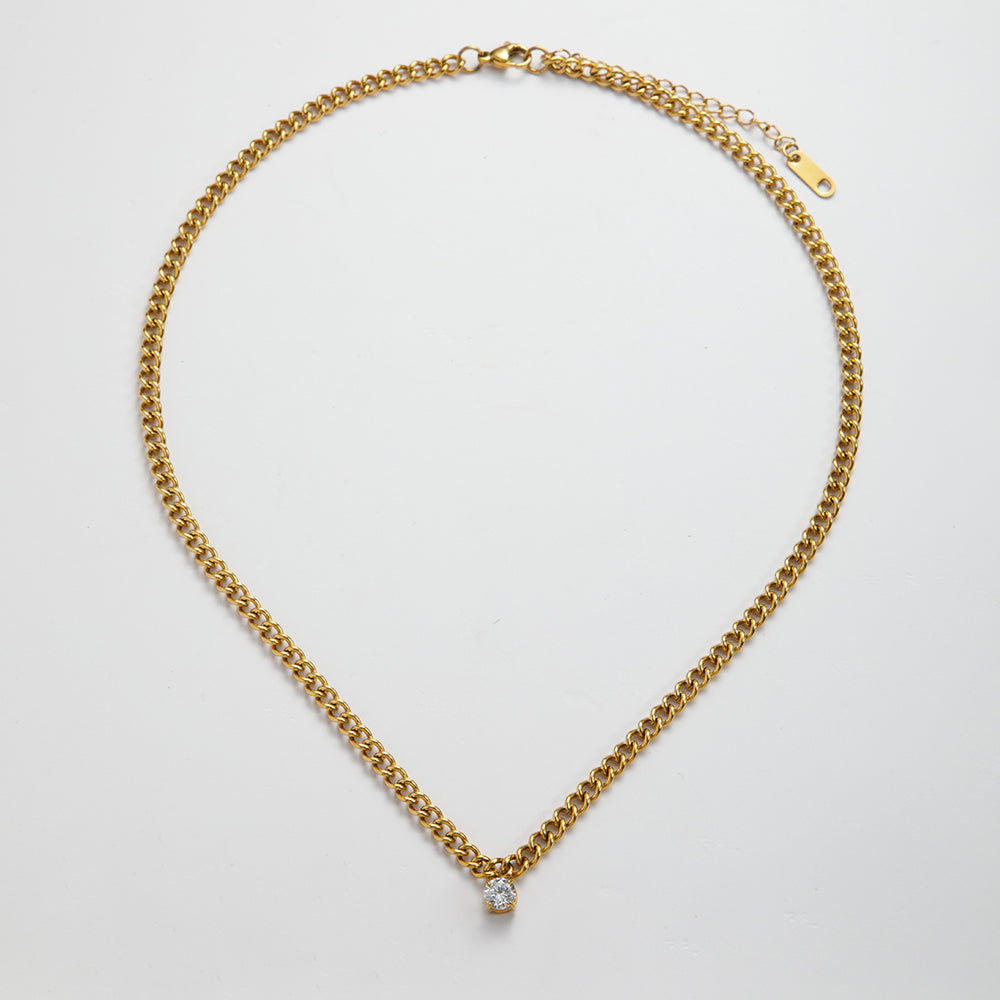 Gold Curb Chain Solitaire Necklace