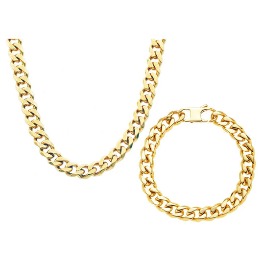 Men's 14mm Gold Stainless Steel Miami Cuban Link Chain and Bracelet Set