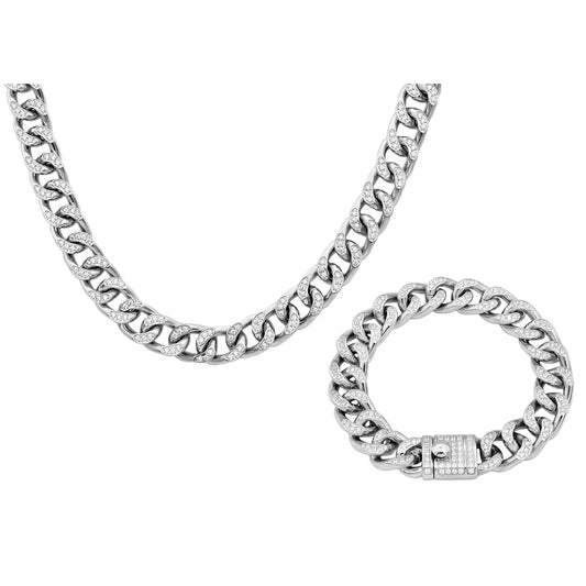 Men's stainless steel cuban link bracelet & necklace chain set with cubic zirconia