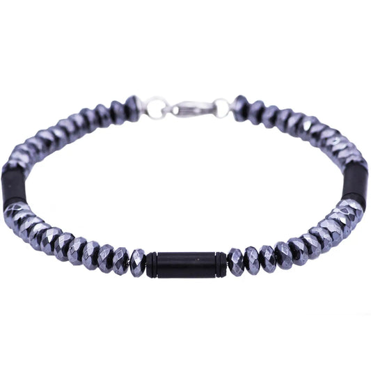 Men's Genuine Hematite Black Plated Stainless Steel Disk Link Chain Bracelet