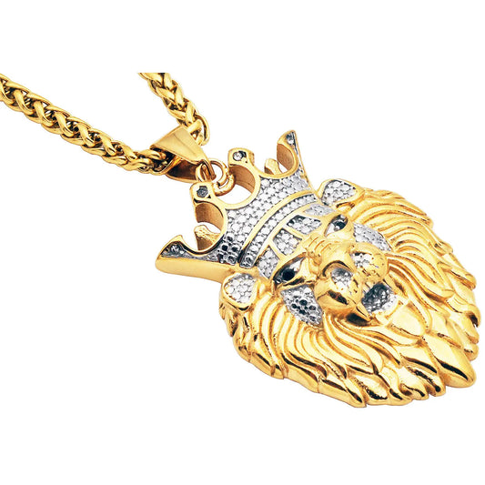 Men's Gold Crowned Lion Head Pendant Chain