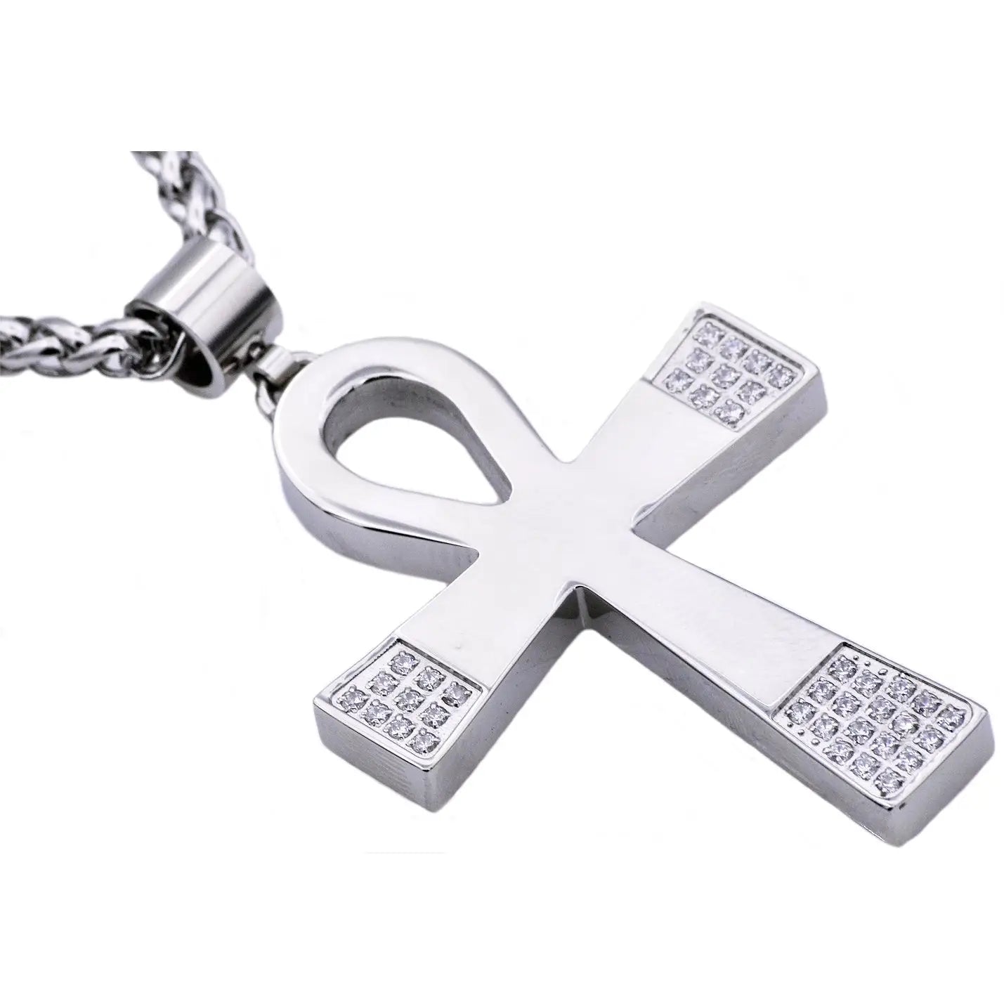 Men's Silver Cubic Zirconia Ankh Necklace
