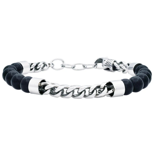 Men's Genuine Onyx Stainless Steel Beaded Bracelet