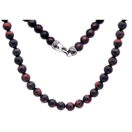 Men's 8mm Red Tiger Eye Stainless Steel Necklace