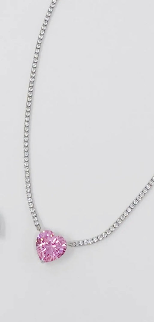 925 Sterling Silver Pink Heart Tennis Necklace