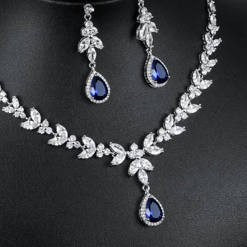 Bridal Cubic Zirconia Necklace Set with Blue Gem