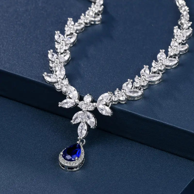 Bridal Cubic Zirconia Necklace Set with Blue Gem