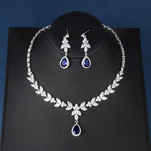 Bridal Cubic Zirconia Necklace Set with Blue Gem
