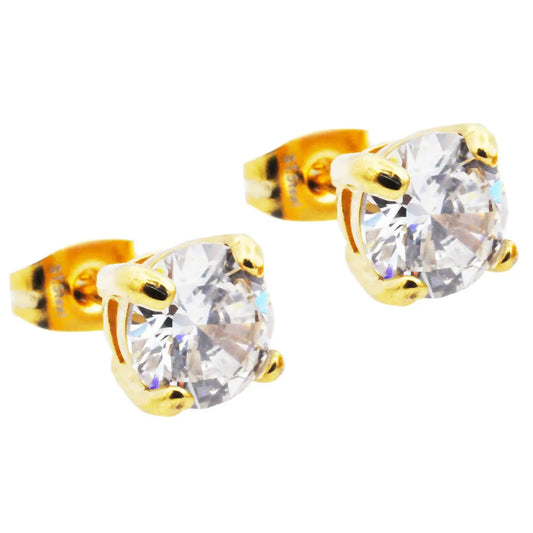 Men's 7mm Gold Stainless Steel Stud Earrings With Cubic Zirconia