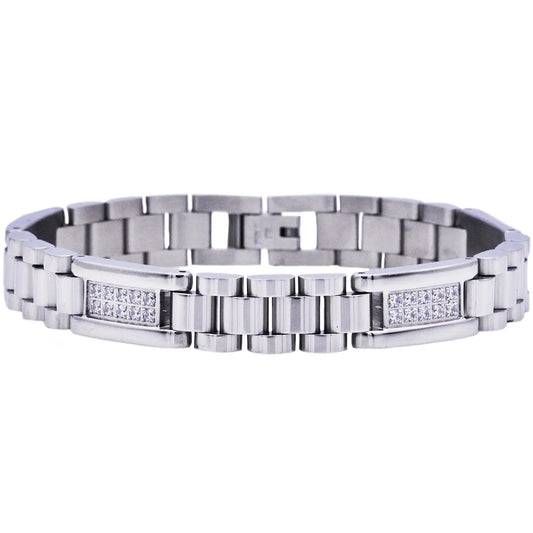Men's Polished Stainless Steel Link Bracelet with Cubic Zirconia