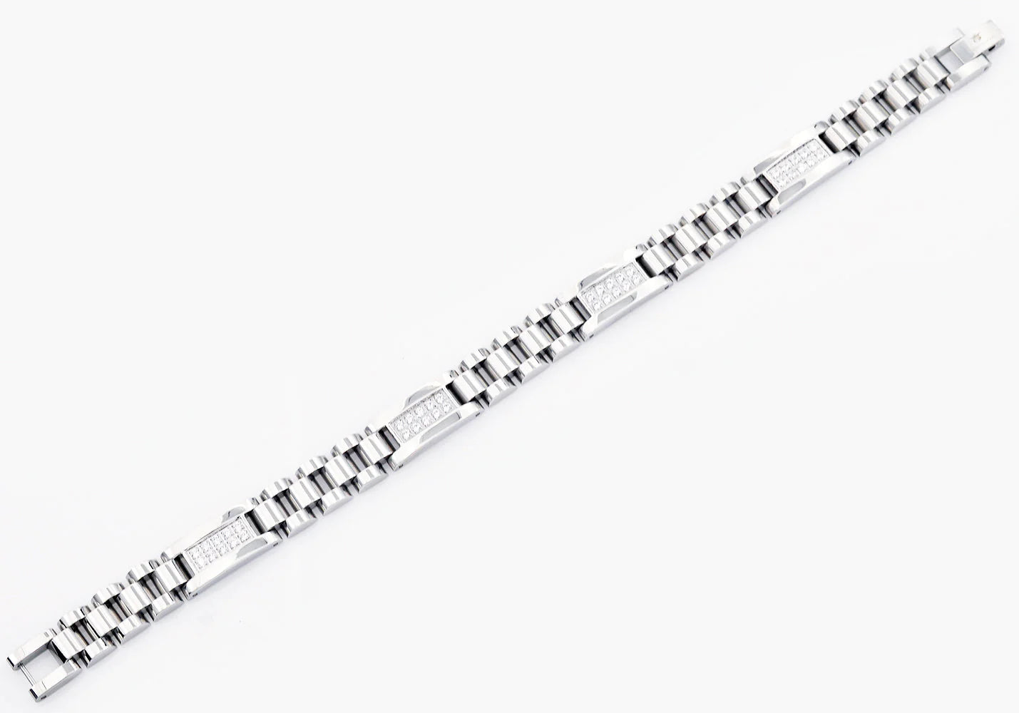 Men's Polished Stainless Steel Link Bracelet with Cubic Zirconia