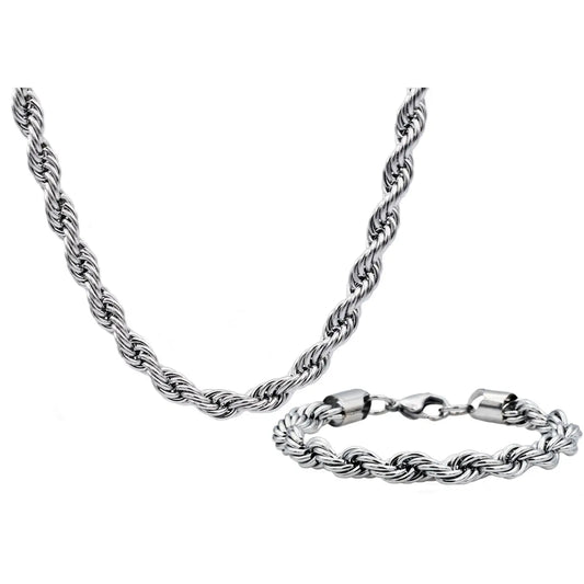 Men's Stainless Steel Rope Link Chain and Bracelet