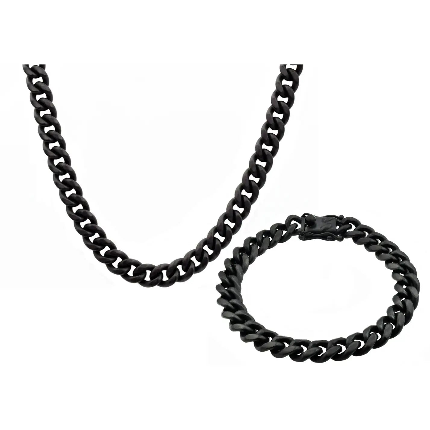 Men's 10mm Matte Black Stainless Steel Miami Cuban Link Chain Bracelet & Necklace